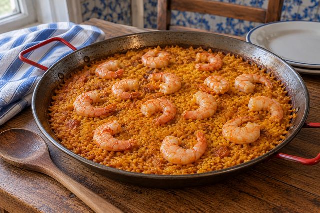 Seafood rice in a wide pan